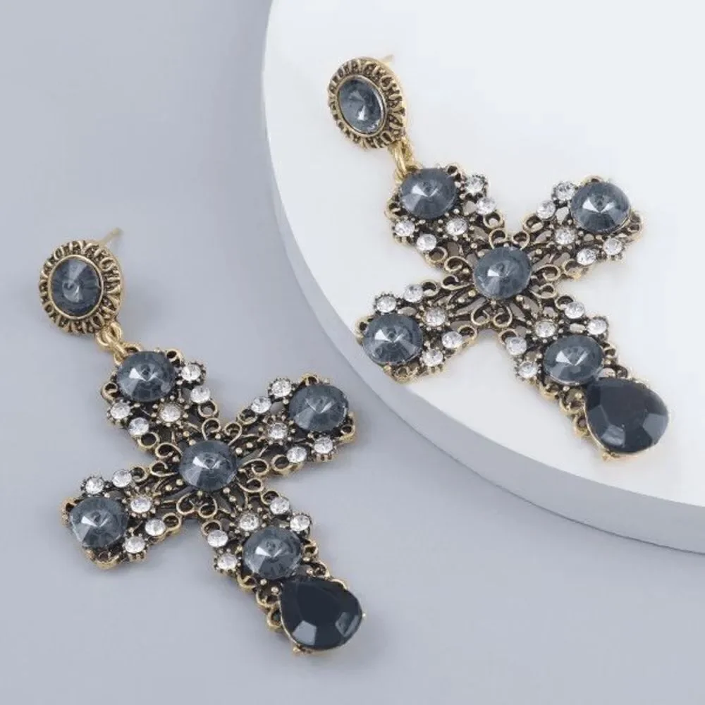 GOLD BLACK  AND WHITE CRYSTAL CROSS DANGLE EARRINGS